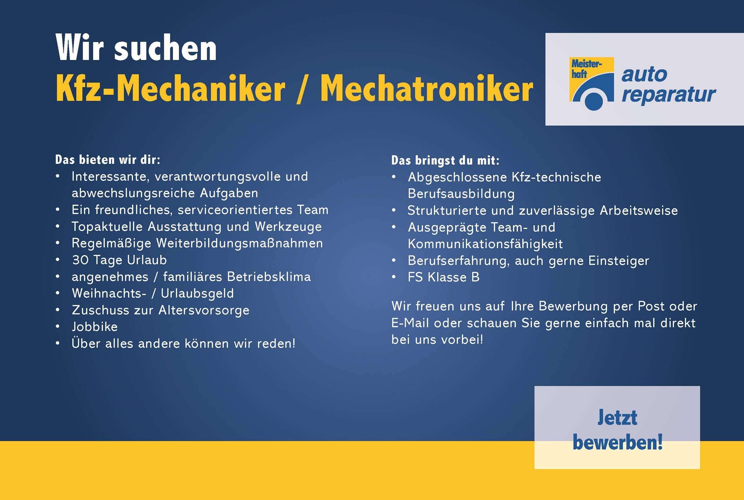 Kfz Jahnke sucht nach Kfz-Mechaniker/Mechatroniker Bild: Kfz Jahnke sucht nach Kfz-Mechaniker/Mechatroniker